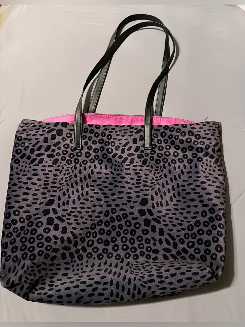 Gray & Black Leopard Print Tote with Pink Lining
